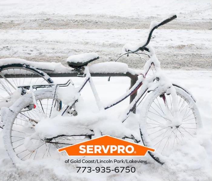 A bicycle is shown frozen in snow. 
